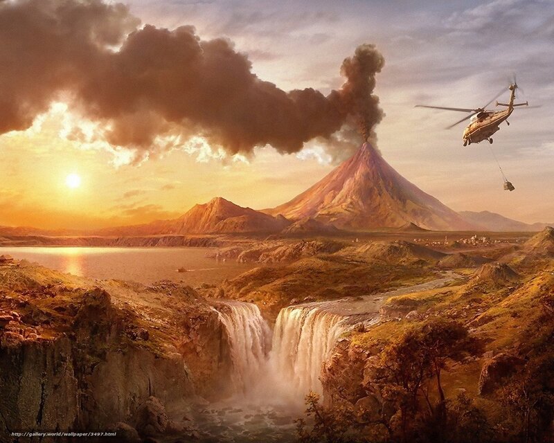 Volcano eruption with helicopter