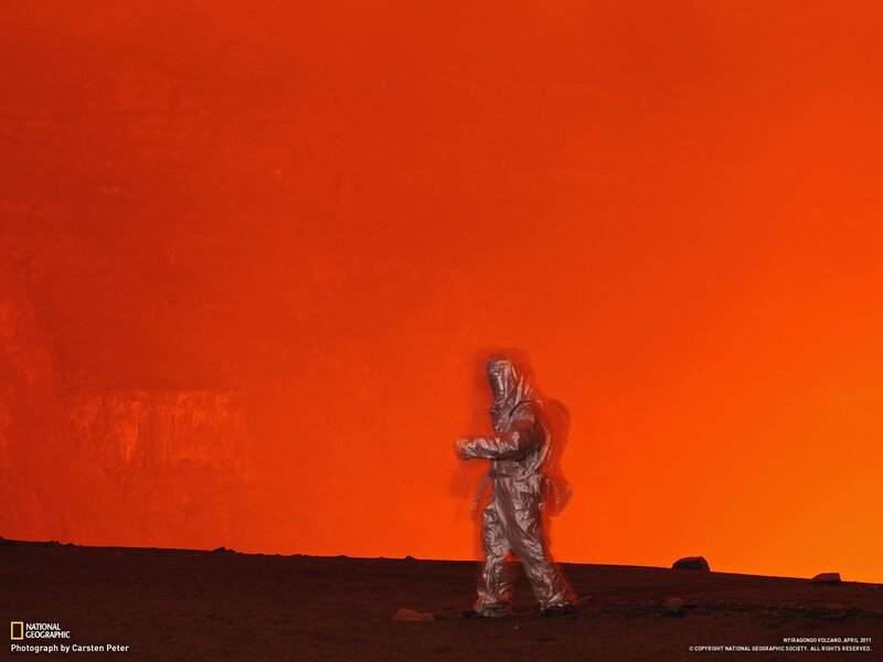 Volcano explorer in protective suit