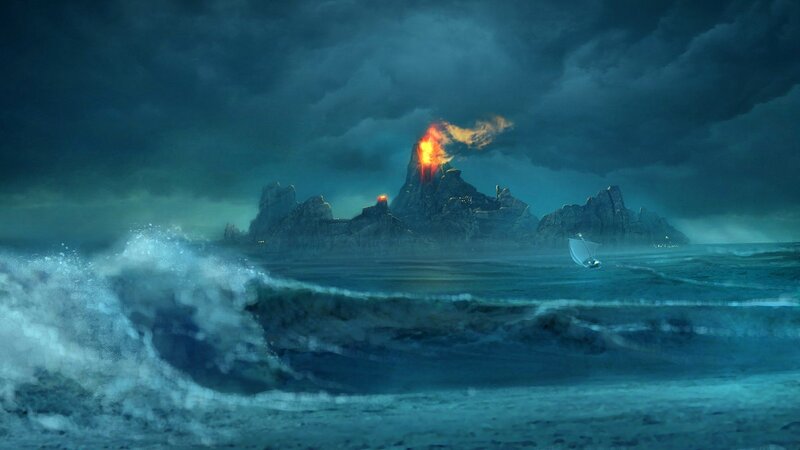 Volcano Island at Sea — Blue, Dramatic, Night, Digital Art