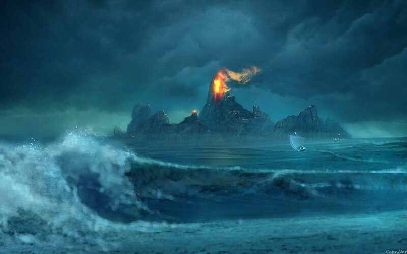 Volcano Island at Sea — Blue, Dramatic