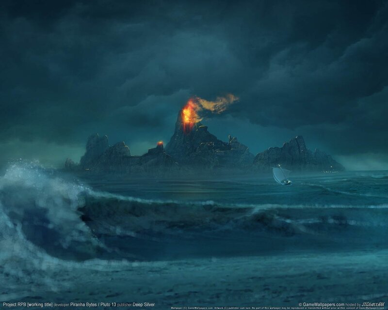 Volcano Island at Sea — Blue