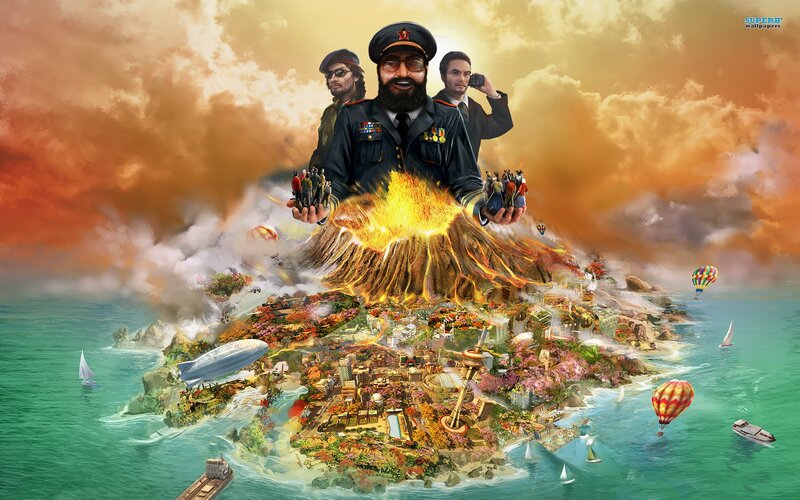 Volcano island with military figures