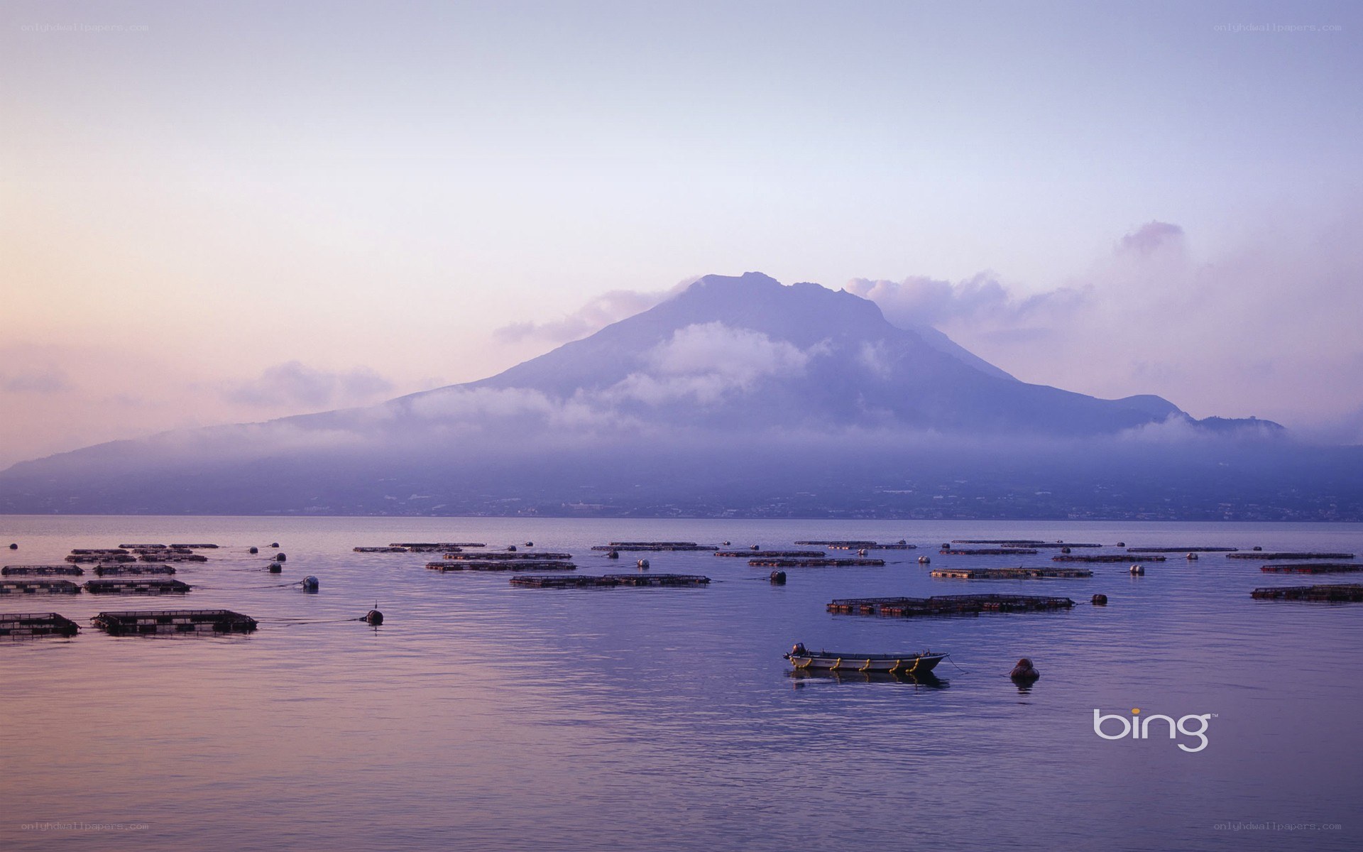 Volcano over aquaculture farm