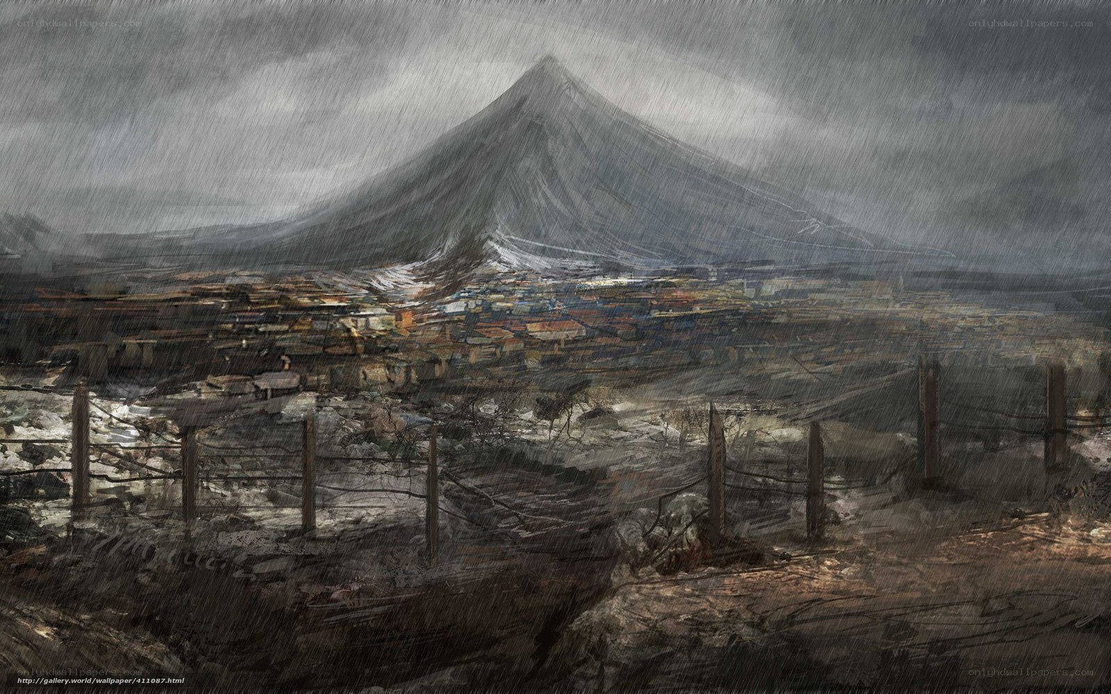 Volcano Over Town in Rain