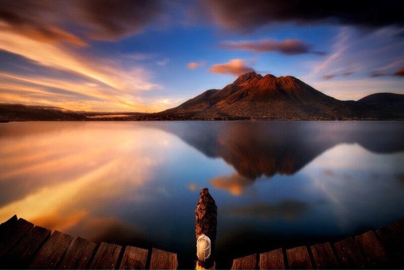 Volcano Reflected in Lake — Blue