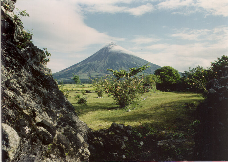 Volcano view from rocky hill