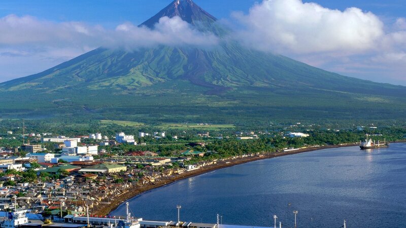 Volcano with Coastal Town