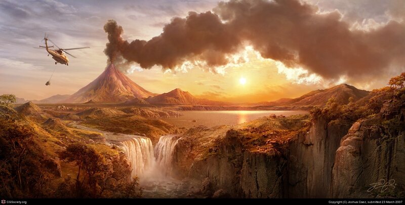 Volcano with Helicopter
