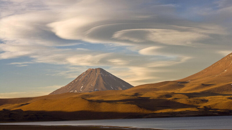 Volcano with Lenticular Clouds — Brown, Dramatic