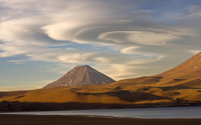 Volcano with Lenticular Clouds — Brown, Serene