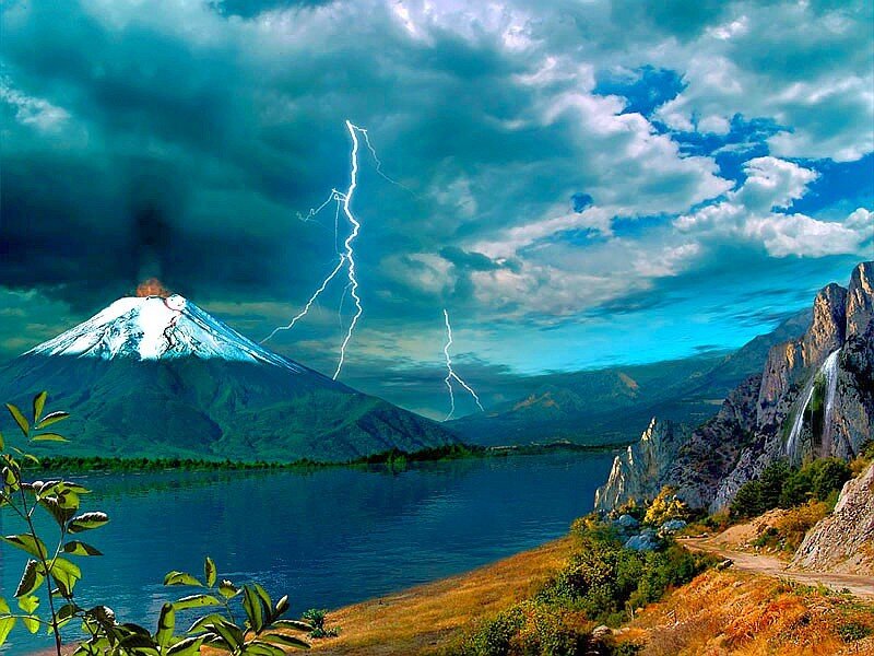 Volcano with Lightning — Blue