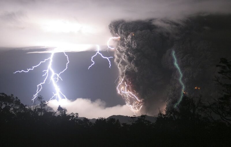 Volcano with lightning storm