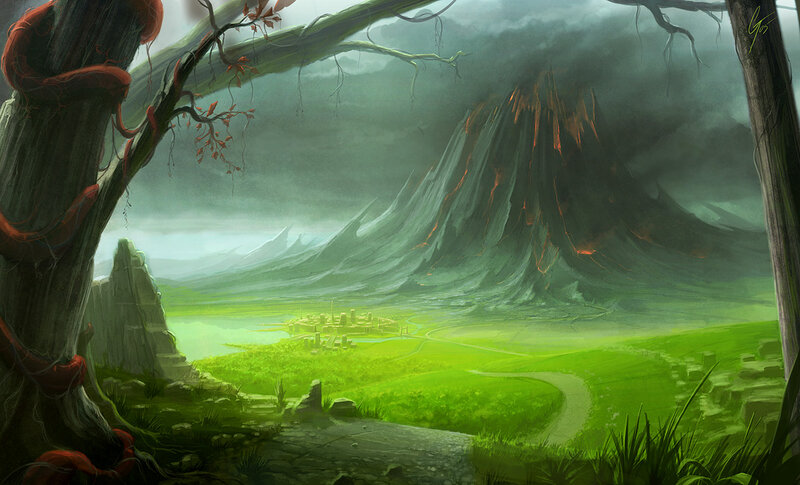 Volcano with Village — Green