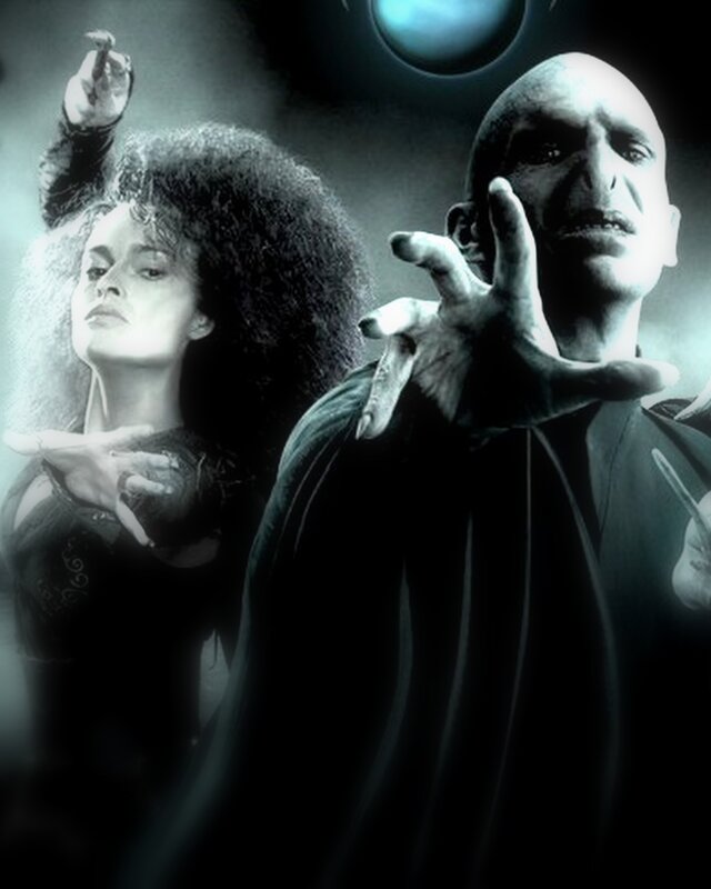 Voldemort and Bellatrix casting spells