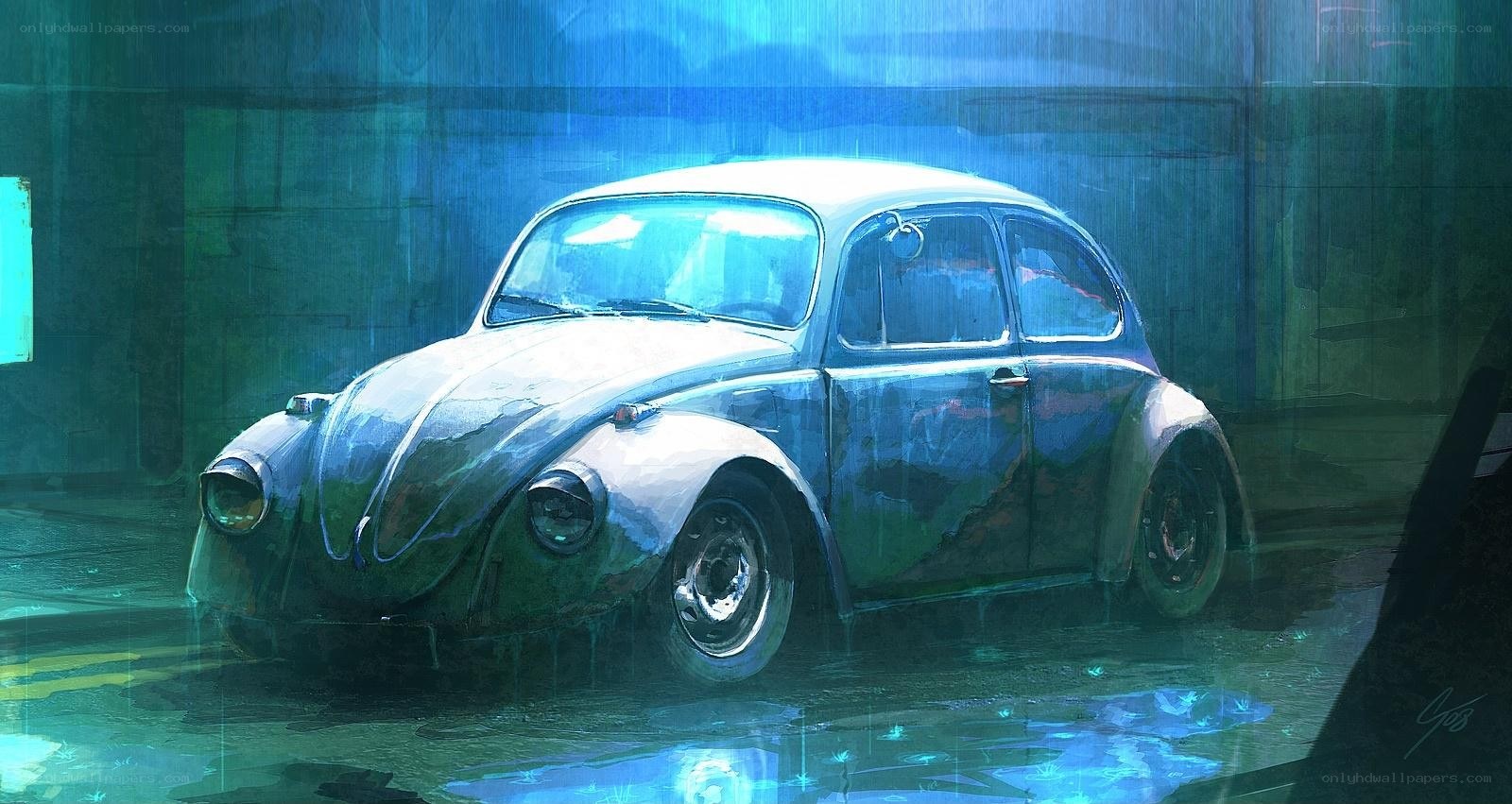 Volkswagen Beetle in rain