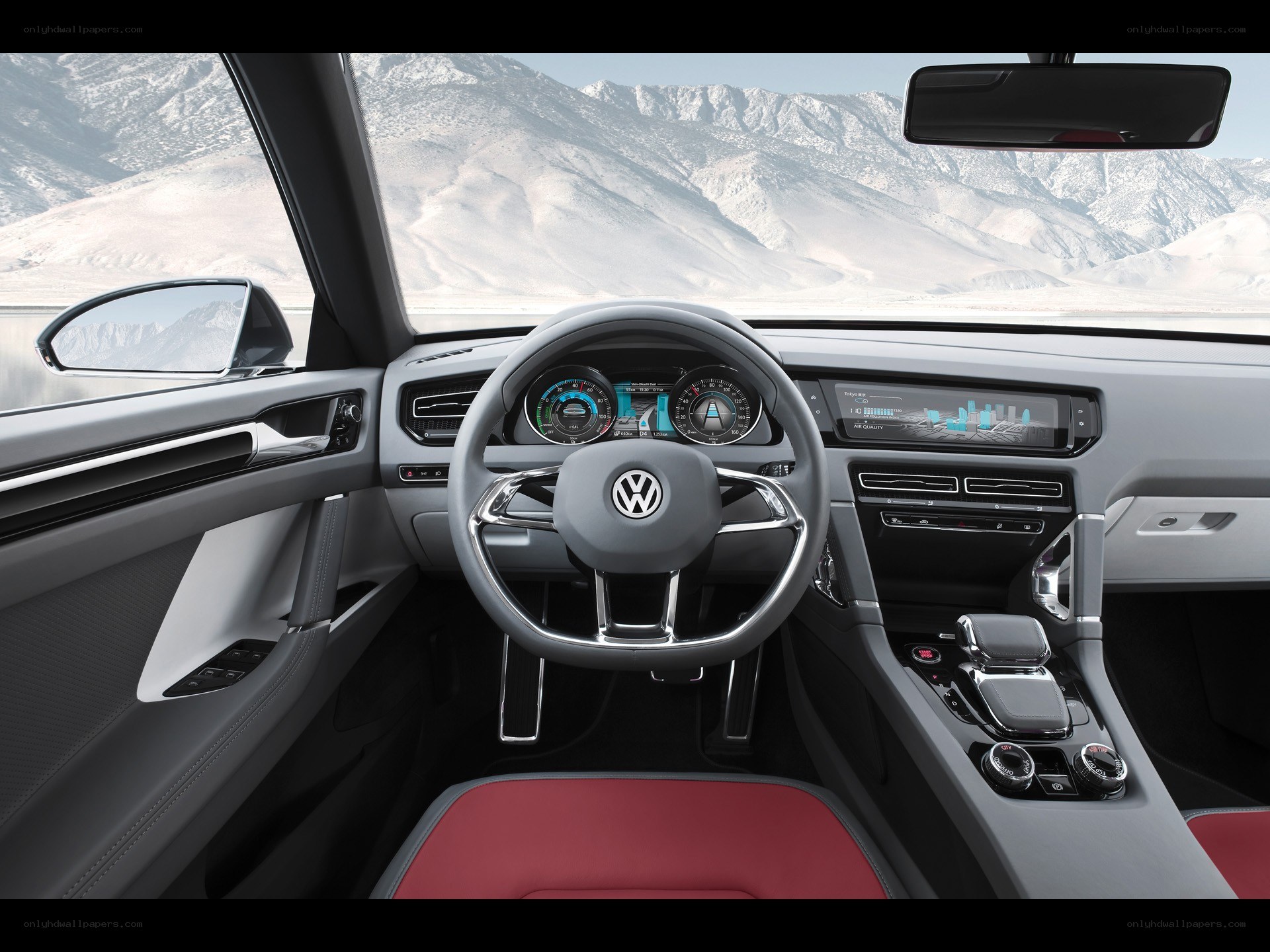 Volkswagen interior with mountain view