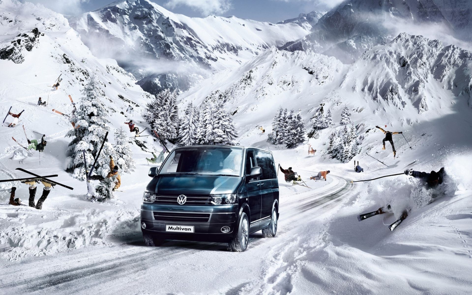 Volkswagen Multivan in snowy mountains