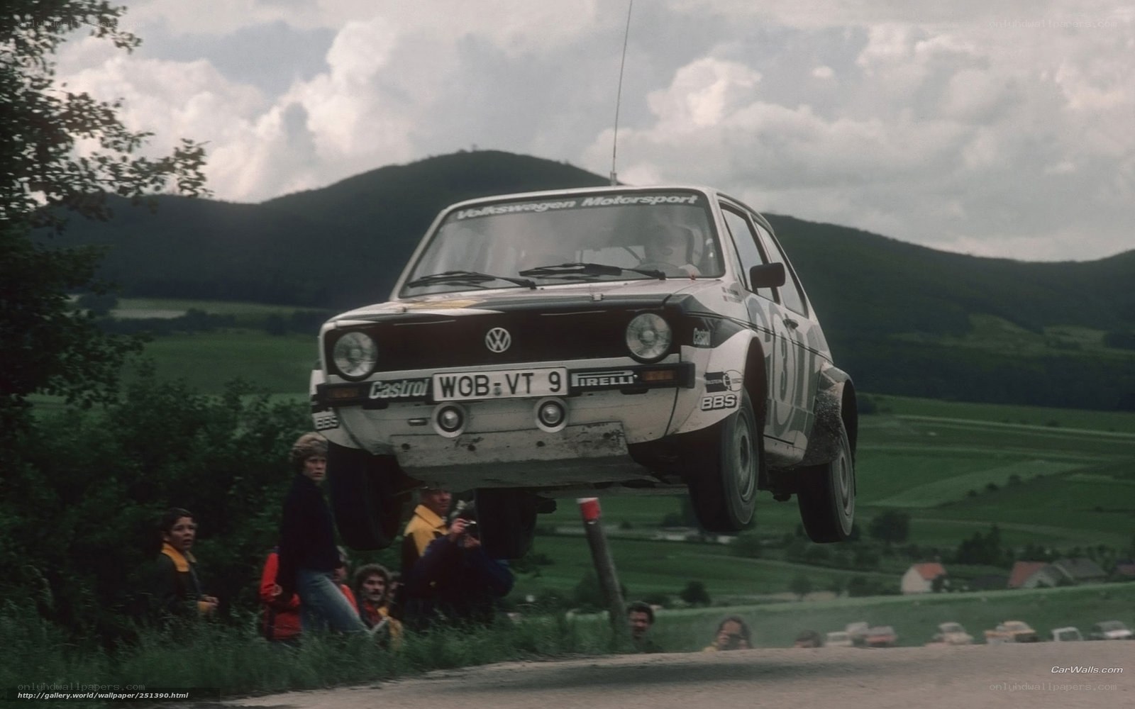 Volkswagen rally car in mid-air