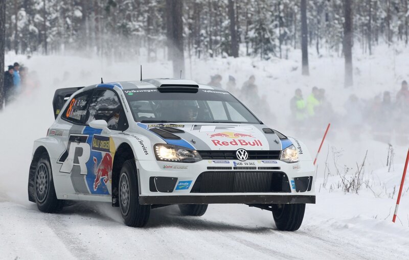 Volkswagen rally car on snowy track