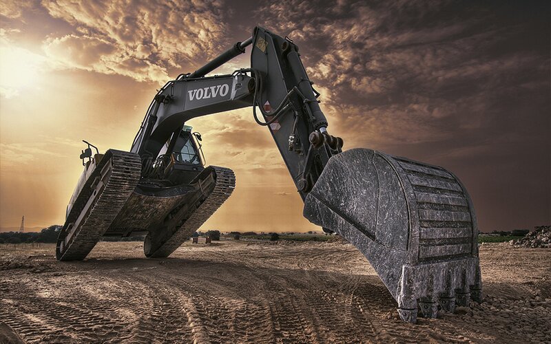 Volvo excavator at sunset