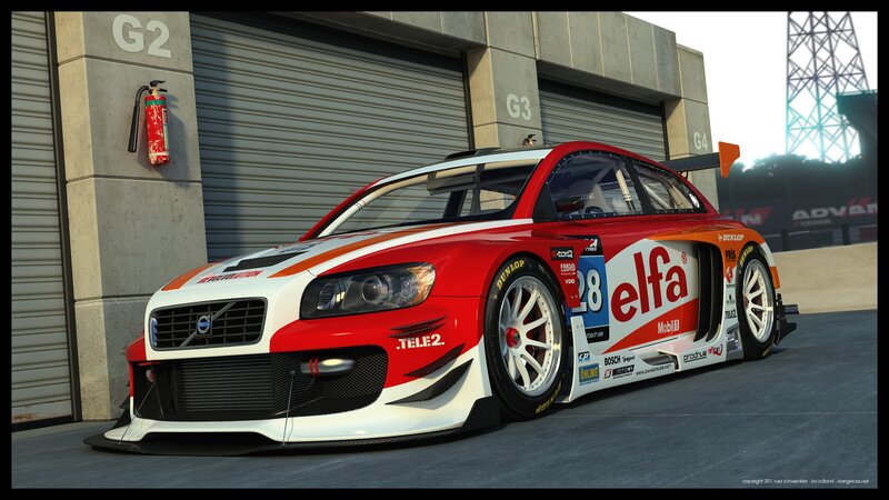 Volvo race car in pit lane
