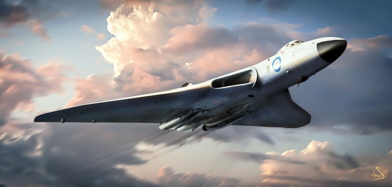 Vulcan Bomber Aircraft — Gray, Dramatic, Sunset