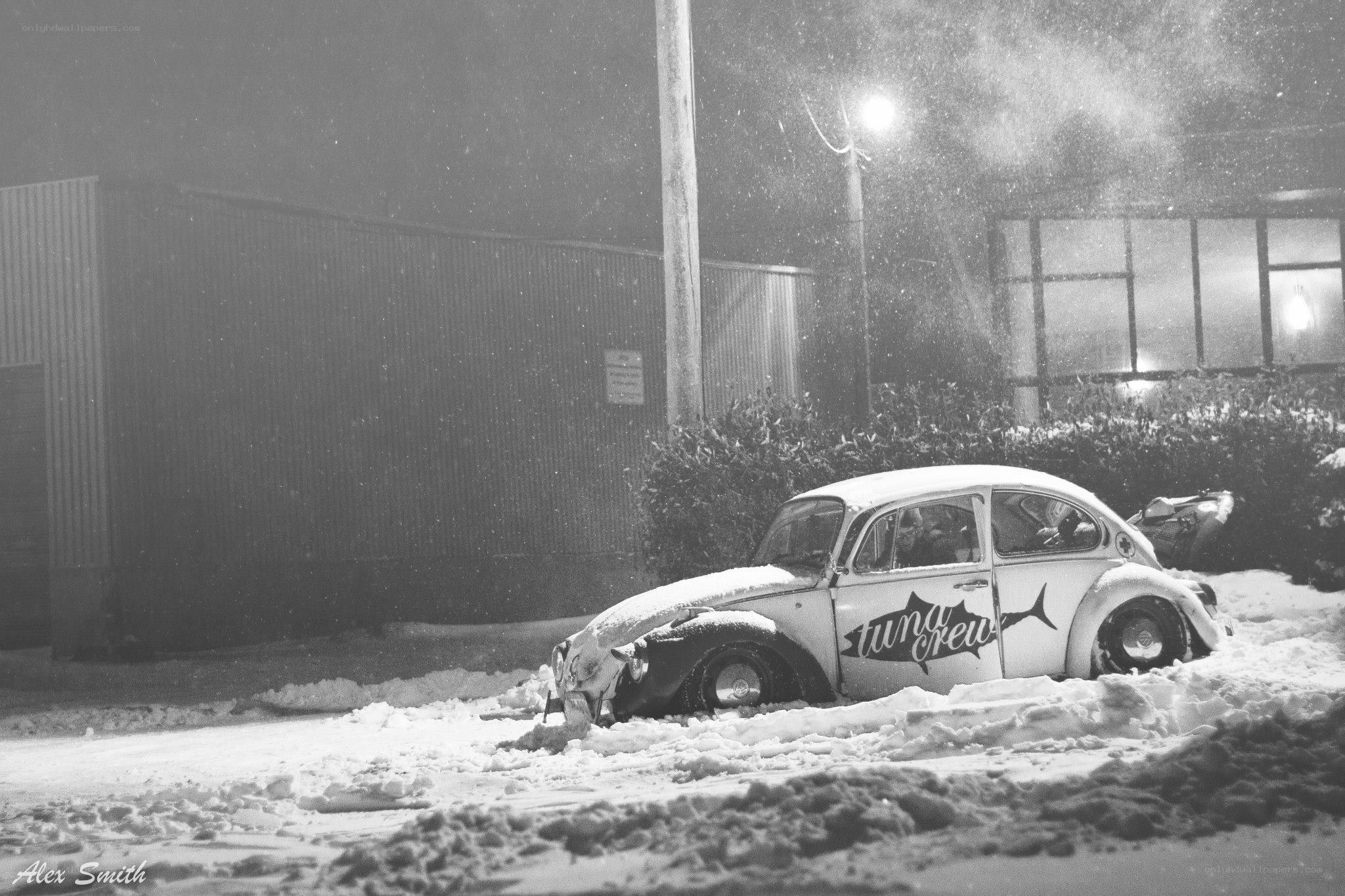 VW Beetle in Snowy Night