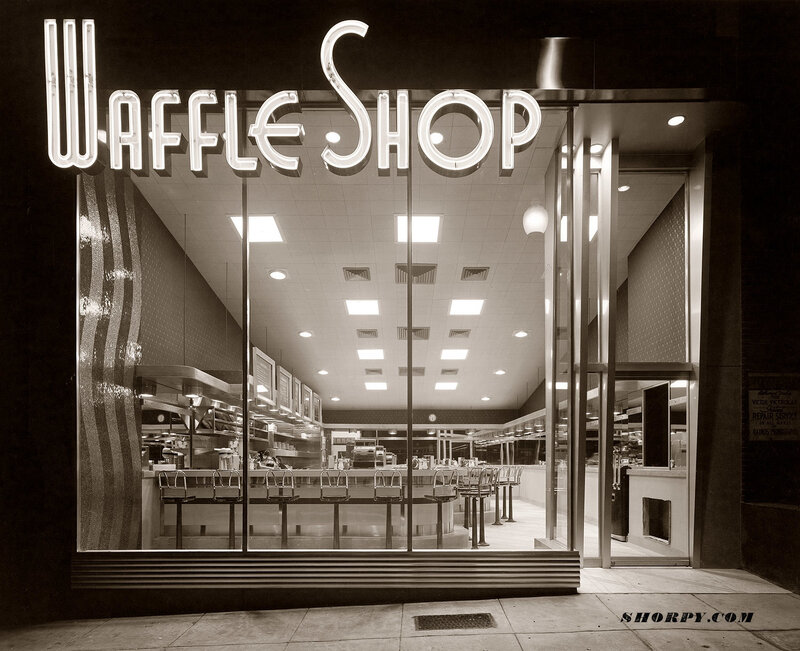 Waffle Shop storefront at night