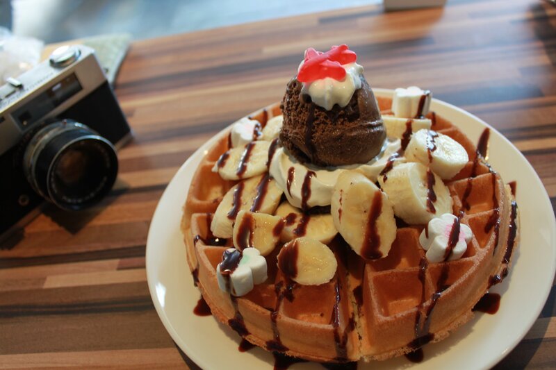 waffle with ice cream and bananas
