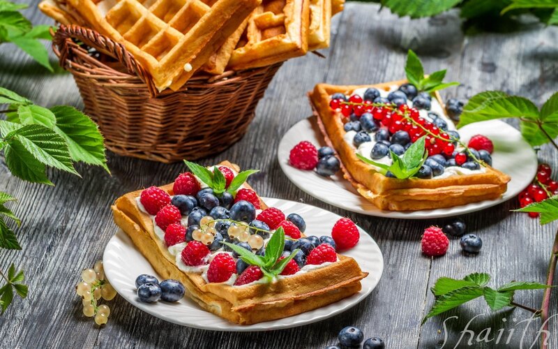 Waffles with Berries — Brown, Appetizing, Morning, Photograph