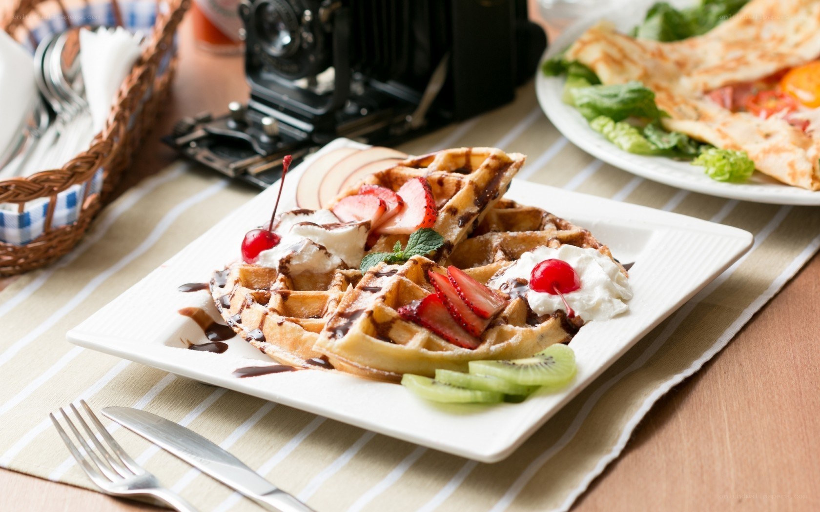 Waffles with fruit and cream
