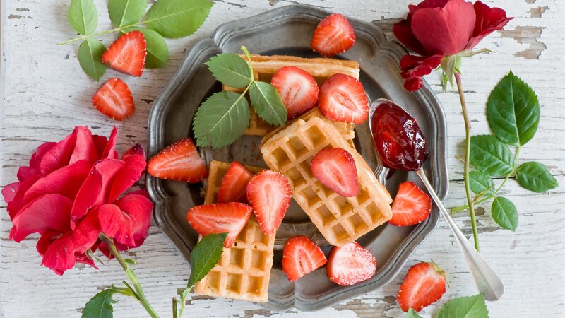 Waffles with Strawberries — Red, Romantic