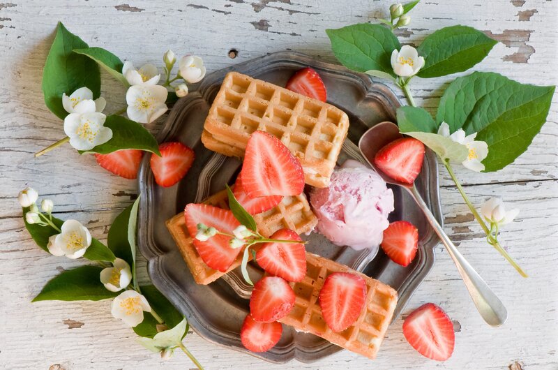 Waffles with Strawberries — White, Serene