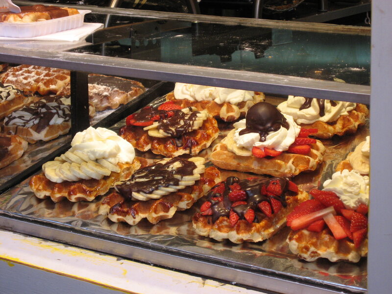 Waffles with toppings in display case