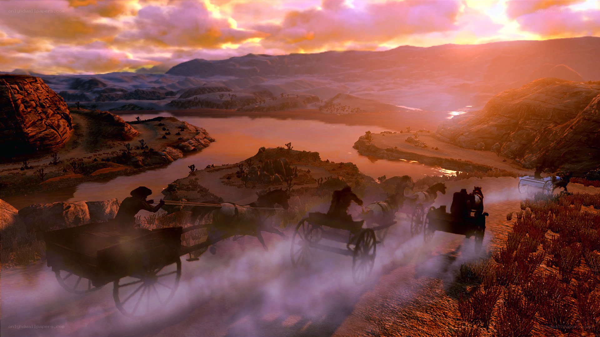 Wagon train at sunset