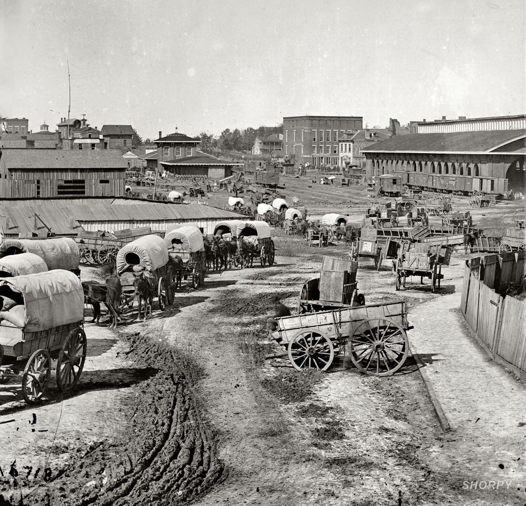 Wagon train in a frontier town