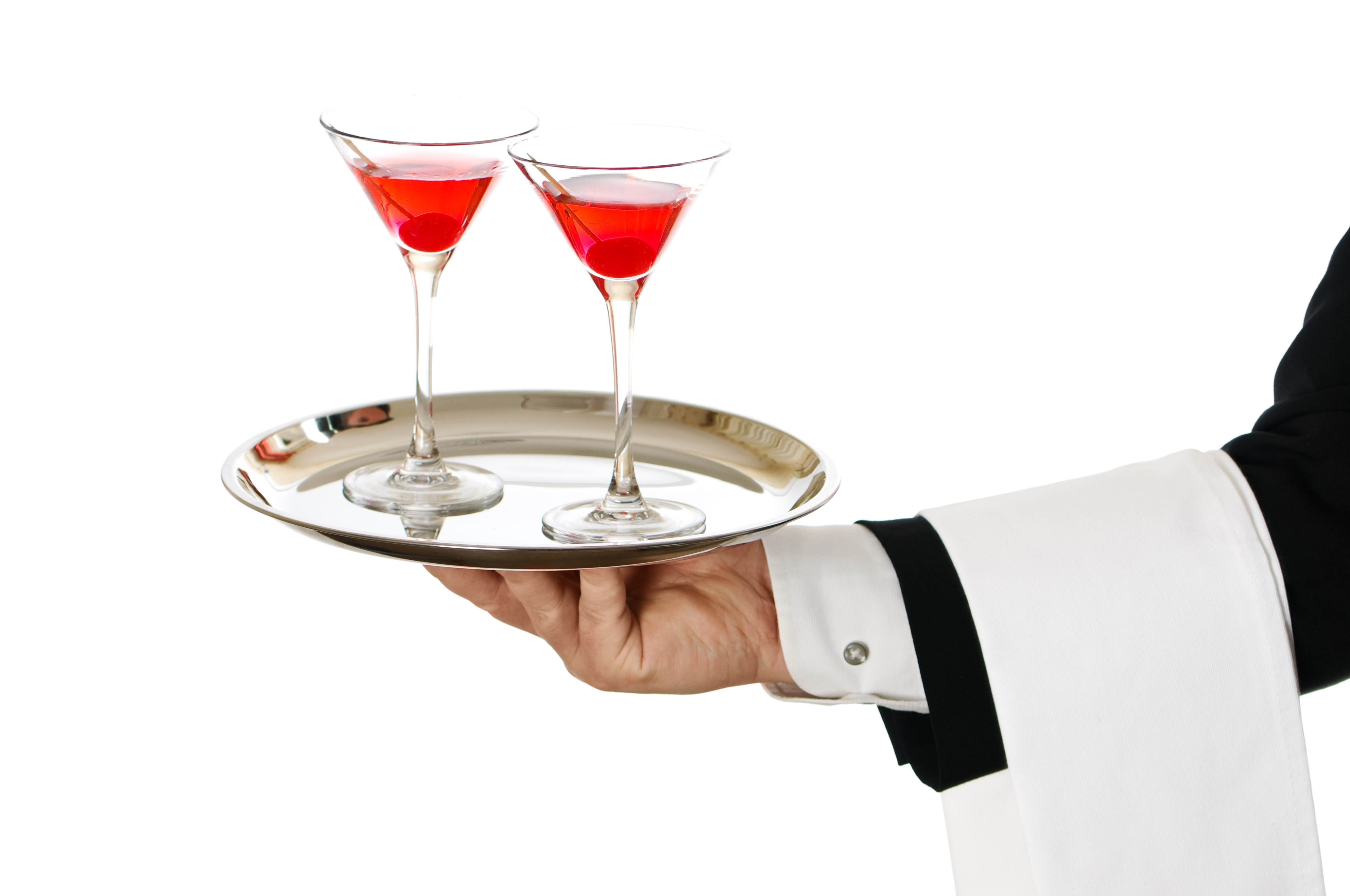 Waiter holding drinks on tray