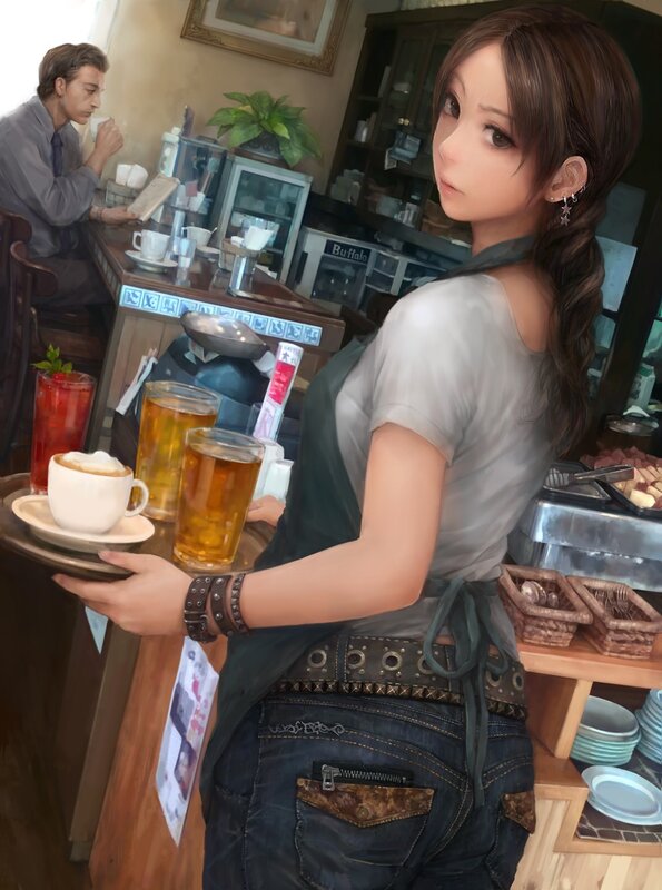 Waitress Holding Tray — Brown