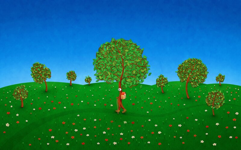 Walking tree in a flower field