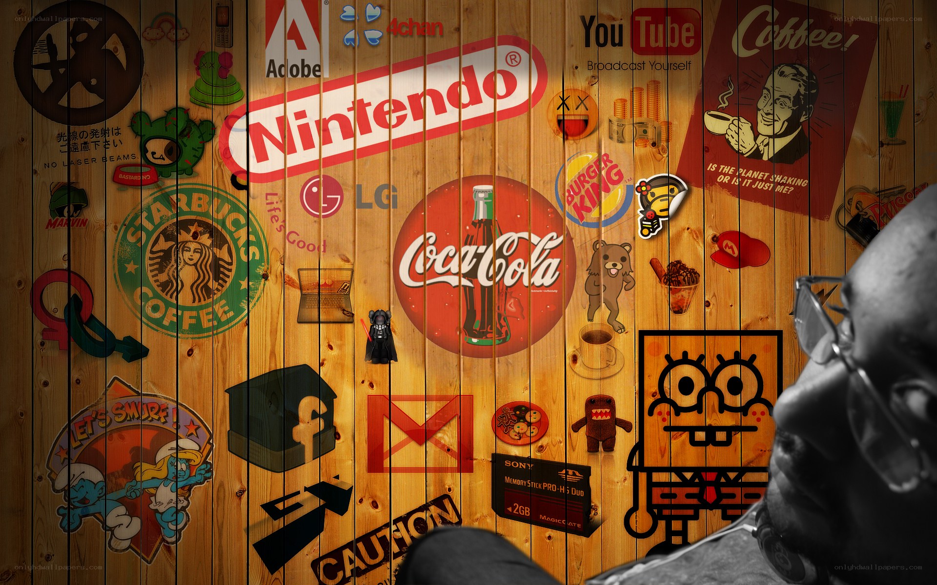 wall covered in logos and stickers