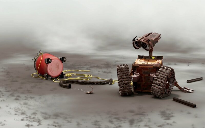 Wall-E and Eve in a desolate landscape