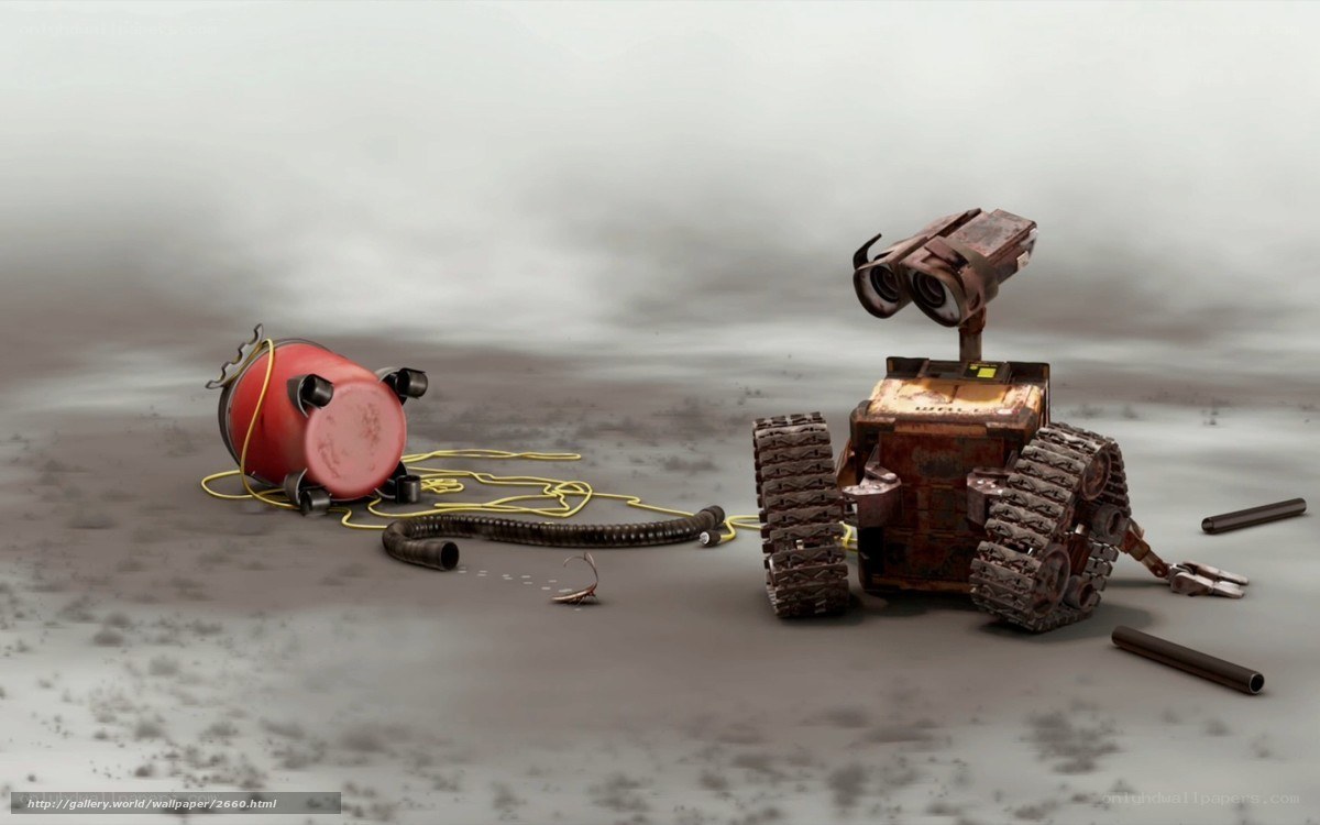 Wall-E and Eve in a desolate landscape