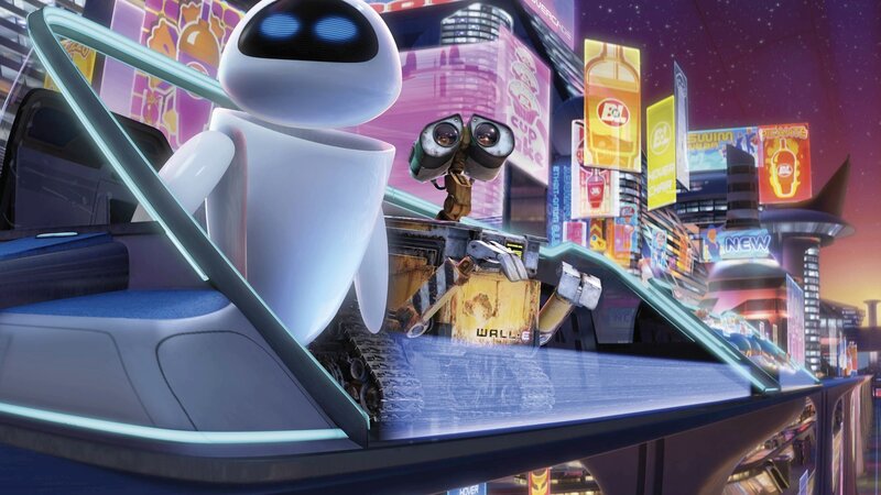 Wall-E and Eve in a futuristic city