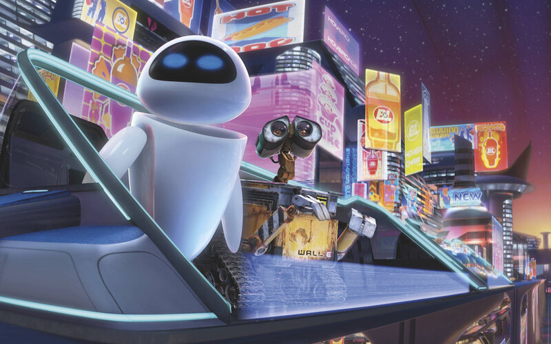 Wall-E and Eve in a futuristic city