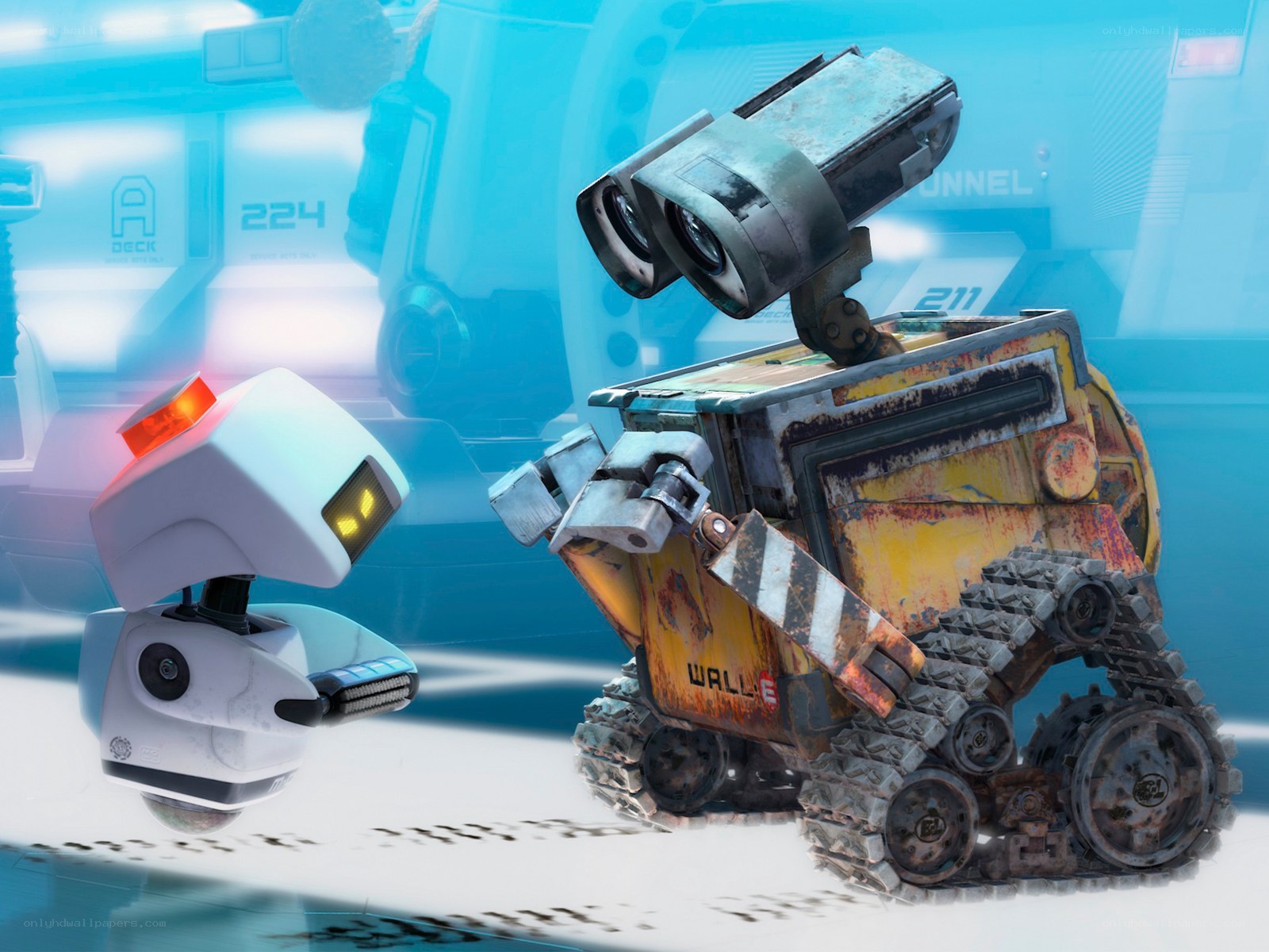 Wall-E and Eve in a futuristic setting