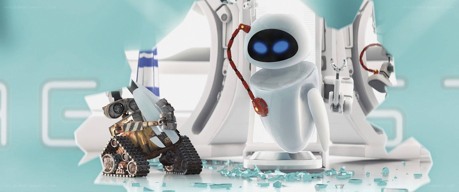 Wall-E and Eve in a futuristic setting