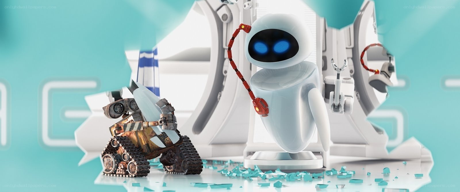 Wall-E and Eve in a futuristic setting