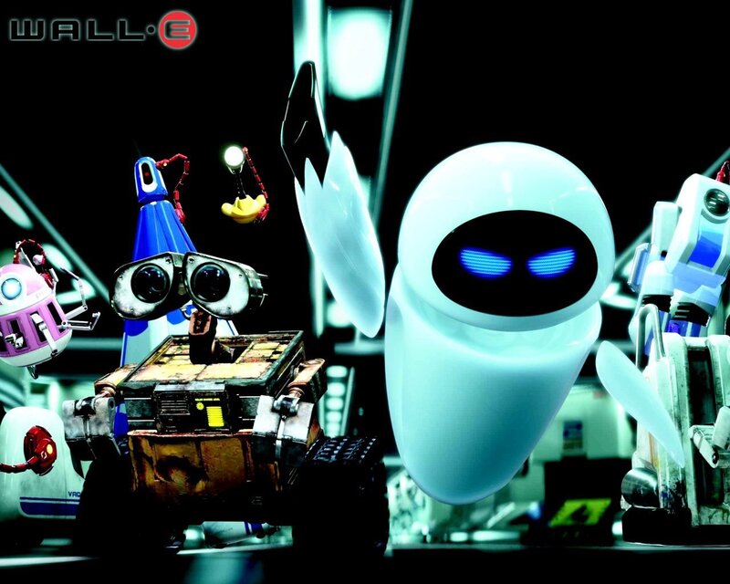 Wall-E and Eve in a futuristic setting