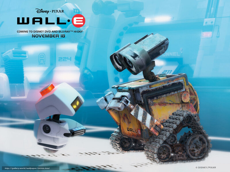 Wall-E and Eve in a futuristic setting