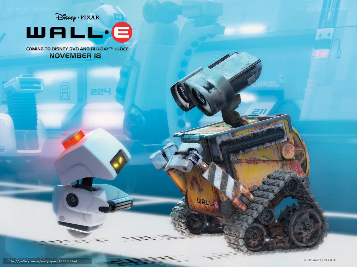 Wall-E and Eve in a futuristic setting